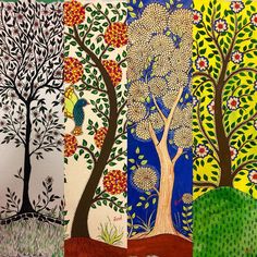 four different trees with birds and flowers on them, one is painted in yellow, the other has blue