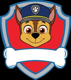 a cartoon dog wearing a police hat and holding a bone in front of a shield