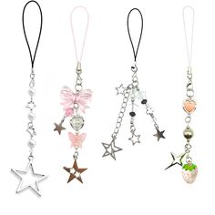 four different necklaces with charms hanging from the sides and stars on each one side