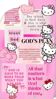 the hello kitty stickers are all pink and have different designs on them, including one that says god's plan