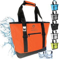 an orange and black tote bag with water splashing around it's sides