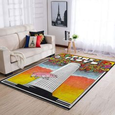 a hockey rug with the chicago black hawks logo on it in front of a white couch