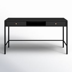 the desk is black and has two drawers on each side, with one drawer open