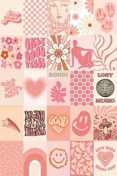 a collage of pink and white images with hearts, flowers, and other things