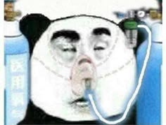 a panda bear with its mouth open in front of some water bottles and an oxygen tube