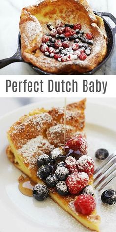 two pictures with different types of food on them and the words perfect dutch baby written below