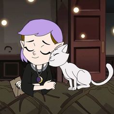 a woman with purple hair is kissing a white cat on the bed in front of her