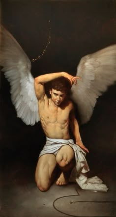 a painting of an angel kneeling down with his hands on his head and arms behind him