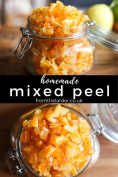 homemade mixed peels in glass jars on a wooden table