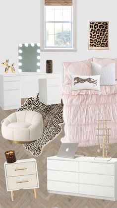 the bedroom is decorated in pink and white with leopard prints on the bedding, nightstands, mirror, chair, desk, lamp, and other items