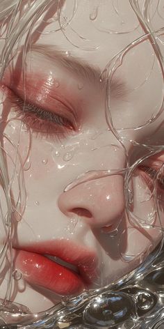 a close up of a woman with water on her face