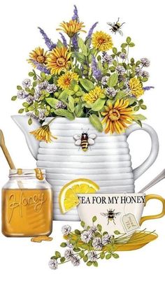 a tea pot filled with flowers next to a honey jar