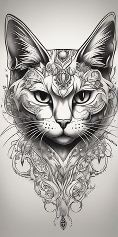 a black and white drawing of a cat's face with ornate designs on it