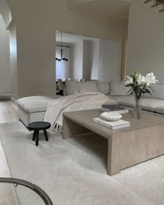 a living room filled with furniture and a large mirror