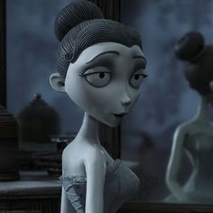 an animated woman in a dress standing next to a mirror