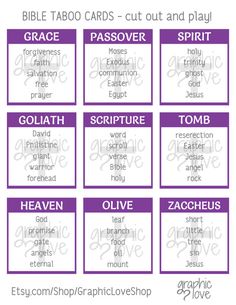 purple and white printable bible cards with the names of different words in each card