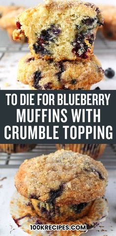 blueberry muffins with crumble topping are stacked on top of each other