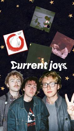 three young men standing next to each other in front of stars and the words current joys