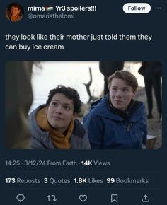 two people sitting next to each other in front of a tweet with the caption, they look like their mother just told them they can buy ice cream