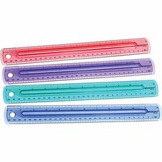 three rulers with different colors and sizes are shown on a white background, one is pink, the other is blue