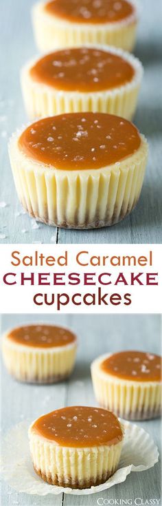 salted caramel cheesecake cupcakes on a table