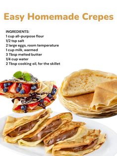 the recipe for homemade crepes is displayed on a plate