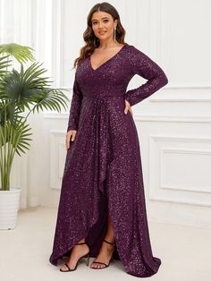 Long Sleeve Cross Over Floor-Length Evening Dress - Ever-Pretty US How To Style A Bodycon Dress, Evening Gowns For Plus Size Women, Plus Size Evening Gown Special Occasions, Plus Size Evening Gown With Sleeves, Mennonite Wedding, Plus Formal Dresses, Black Wedding Guest Dresses, Summer Evening Dress, Bengali Saree