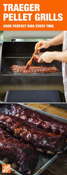 a person cooking ribs on the grill with text overlay that reads, traeger pellet grills cook perfect ribs every time