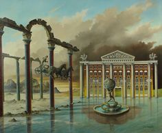 a painting of an old building with columns and a horse statue in the foreground