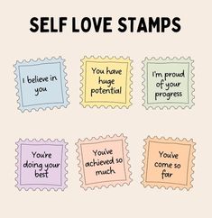 four stamps with the words self love stamps written in different colors and phrases on them