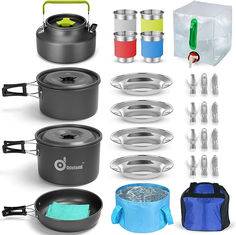 an assortment of camping equipment including stoves, pots and utensils on a white background