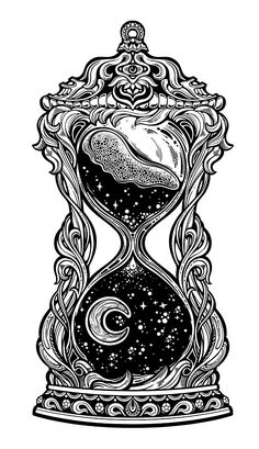 an hourglass with the moon and stars on it, in black and white ink