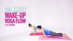 a woman doing a yoga pose with the words 20 minute wake - up yoga flow