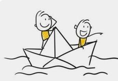 two people on a paper boat in the water, one is holding his hand out to another