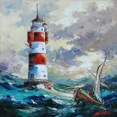 a painting of a lighthouse in the ocean with a sailboat and boat on it