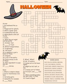 a crossword puzzle with halloween words and pictures on the front, which includes an image of