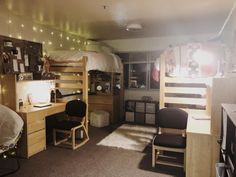 a dorm room with bunk beds, desk and chair in the corner on carpeted flooring