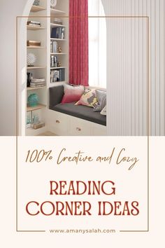 a living room filled with furniture and bookshelves next to a window covered in pink curtains