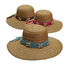 Handmade hats designed by John Callanan. Braided raffia capeline -floppy- hat. Macrame band with shell accent. Inner drawstring to adjust fit. One size fits most. 100% raffia Sun Hats With Uv Protection For The Beach, Beachy Sun Hat For The Beach, Panama Hat With Uv Protection For Beach, Beachy Sun Hat For Beach, Brimmed Hats With Uv Protection For Beach, Coastal Style Sun Straw Hat For Beach, Adjustable Brimmed Bucket Hat For Beach Season, Curved Brim Hat With Uv Protection For Beach, Adjustable Panama Hat For Sun Protection On Vacation