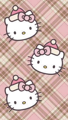 two hello kitty wallpapers on a pink and brown checkered background with the same pattern