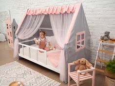 ✯ PRICE is for a Set of Wooden Bed with Legs & Slats and Princess Palace Canopy Tent in Grey and Pink Color ✯ NOTE Mattress and bed linen are not included in the price We recommend using mattress with a thickness of 20 cm / 7,9 in. The parameters you have chosen represent the mattress size, but the bed size will be larger than these dimensions. If you need to know the bed size, please send a message in private. The USA Twin 75x38" bed is shown in the photo of the listing. The maximum weight depends on the size of the bed. Thus, the maximum weight for the small size bed is 176,4 lbs. The maximum weight for the big size bed is 264,6 lbs. The top beams can hold up to 66 lbs in case the child wants to climb. ✭ At this listing, you can buy a bed with a canopy tent a design like in photos. ✭ On Toddler Bed Canopy, Montessori Bed Toddler, House Bed Canopy, Toddler Play Tent, Castle Bed, Canopy Bed Curtains, Princess Palace, Nursery Canopy, Canopy Bed Frame