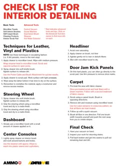 the checklist for interior detailing is shown in red and white, with black lettering