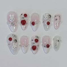 Pretty Coquette Nails, Miffy Nail Art, Strawberry Acrylic Nails, Wedding Nails Chrome, Gel Nails Floral, Aesthetic Gel Nails, Ghibli Nail Art, Nails Rabbit, Picnic Nails