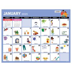 the calendar for january is shown in blue and has images of different things on it