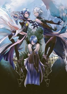 an anime poster with two women and one man