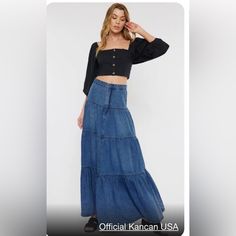 Enhance The Look Of Your Everyday Wardrobe With This Stylish Maxi Skirt. The Perfect Skirt For A Picnic. Maxi Skirt With Block Detail, Ruffled Hem. Features A Narrow Cut That Sits Close To The Body, No Pocket Design, And Single Button Closure With A Zip Fly. Dark Wash. 32in Waist Circumference (Approx). No Stretch Approx Length Waist To Hem 42in. 99% Cotton 1% Spandex Brand New W Tag. A11 Casual Denim Maxi Skirt In Medium Wash, Casual High Rise Denim Maxi Skirt, Casual High Waist Denim Blue Maxi Skirt, Casual Wide Leg Dark Wash Maxi Skirt, Casual Medium Wash Relaxed Maxi Skirt, Casual High Rise Medium Wash Maxi Skirt, Dark Wash High Rise Casual Maxi Skirt, Casual High Rise Blue Maxi Skirt, Casual High Rise Dark Wash Maxi Skirt