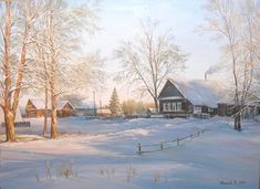 a painting of a winter scene with houses and trees in the snow by a fence