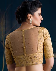 mob image ब्लाउ��ज बैक नेक डिजाइन, Golden Blouse, Netted Blouse Designs, Backless Blouse Designs