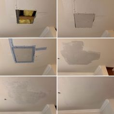 four pictures of the ceiling in different stages of being painted with white paint and plaster