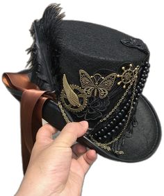 Themed Brimmed Party Hat, Adjustable Themed Top Hat For Party, Gothic Winter Costume Hats And Headpieces, Vintage Hat For Cosplay, Vintage Hat Costume Accessories For Cosplay, Vintage High Crown Costume Hats For Cosplay, Gothic Wide Brim Party Hat, Steampunk Brimmed Costume Accessories For Costume Party, Steampunk Brimmed Costume Accessories For Party